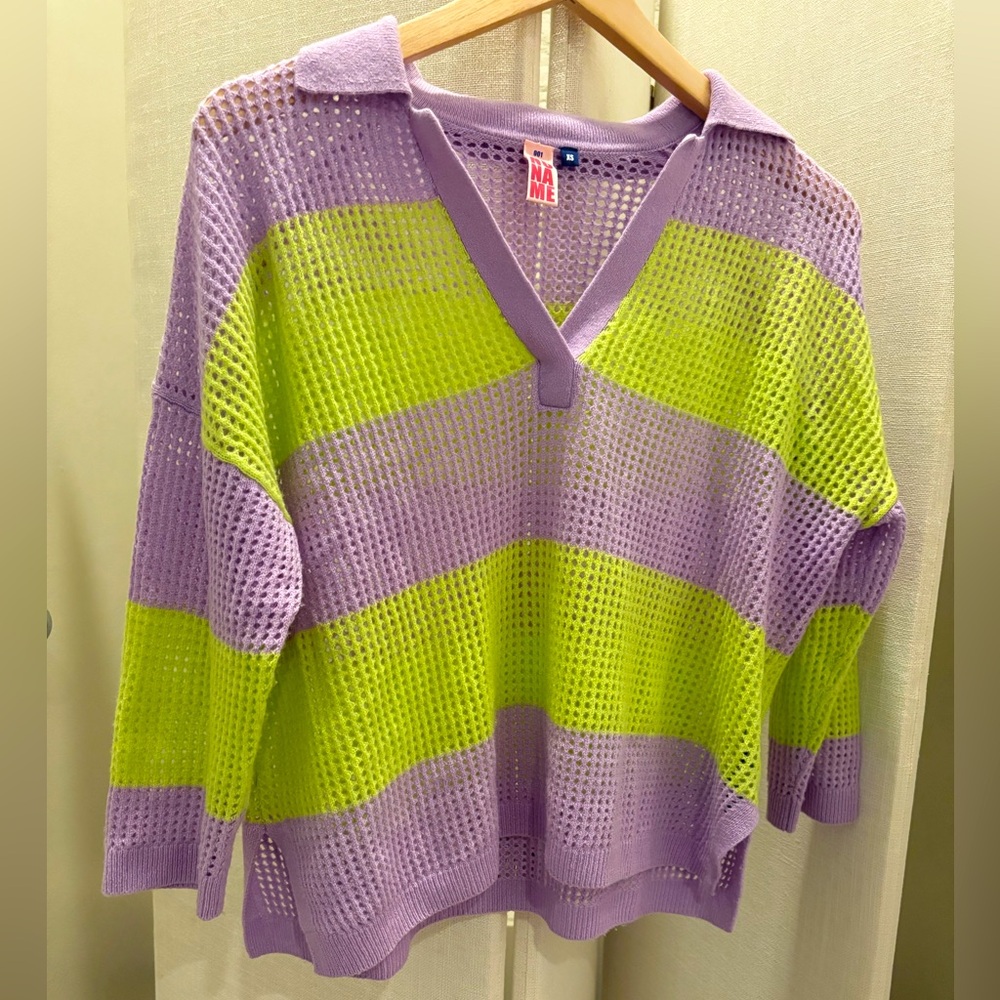 NONAME Cashmere Purple and Lime Polo Knit Sweater, Fits XS, S and M